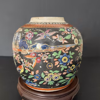 Chinese antique clobbered porcelain jar, 18th / 19th c #2251