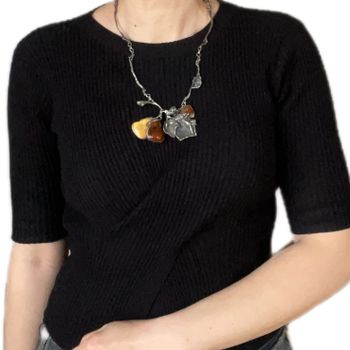 Unique Scandinavian design sterling silver necklace with Baltic amber Huge 49g
