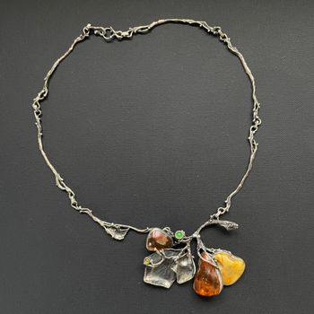 Unique Scandinavian design sterling silver necklace with Baltic amber Huge 49g