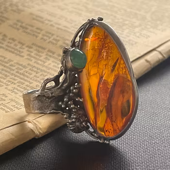 Huge handmade silver ring with natural amber and agate unique design 23g