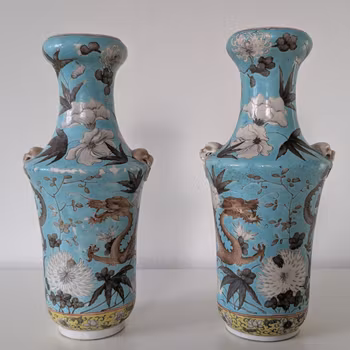 A pair of Chinese Antique double dragon vases in Dayazhai style, Late Qing 19th c #2267, #2268