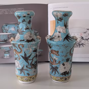 A pair of Chinese Antique double dragon vases in Dayazhai style, Late Qing 19th c #2267, #2268