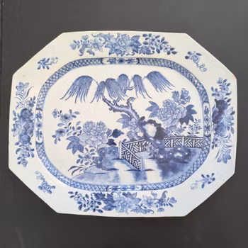 Chinese antique platter in underglazed blue and white with garden scene, 18th c #2278