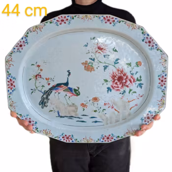 Chinese antique platter in famille rose with double peacocks, 18th c #2288