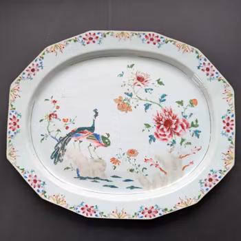 Chinese antique platter in famille rose with double peacocks, 18th c #2288