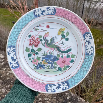 Chinese Antique Famille Rose phoenix plate, 18th C Yongzheng period #2290