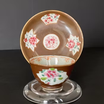 Chinese antique batavia brown teacup and saucer, Qianlong period #2299