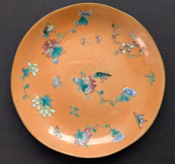 Chinese antique coral ground saucer dish, Late Qing Dynasty #2301