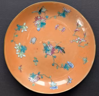 Chinese antique coral ground saucer dish, Late Qing Dynasty #2302