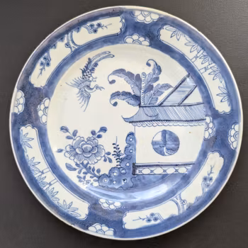 Chinese Antique blue and white porcelain plate, 18th C Yongzheng / Qianlong period 凤求凰 #2305