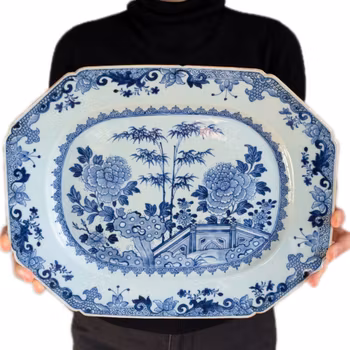 Chinese antique platter in underglazed blue and white with garden scene, 18th c #2307