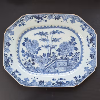 Chinese antique platter in underglazed blue and white with garden scene, 18th c #2307