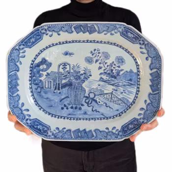 Chinese antique platter in underglazed blue and white with garden scene, 18th c #2306