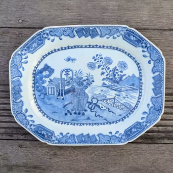 Chinese antique platter in underglazed blue and white with garden scene, 18th c #2306