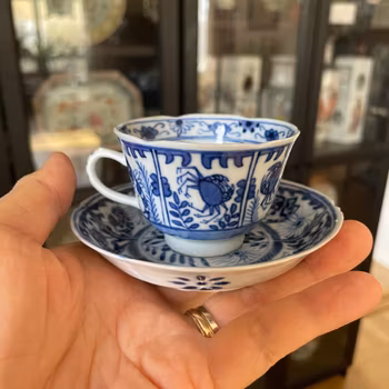 Chinese antique porcelain blue and white teacup and saucer, Guangxu period #2310
