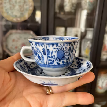 Chinese antique porcelain blue and white teacup and saucer, Guangxu period #2311
