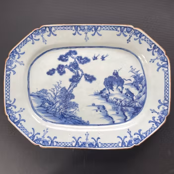 Chinese antique platter in underglazed blue and white with buffalos and herding boy 18th c #2317