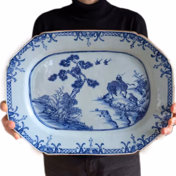 Chinese antique platter in underglazed blue and white with buffalos and herding boy 18th c #2317