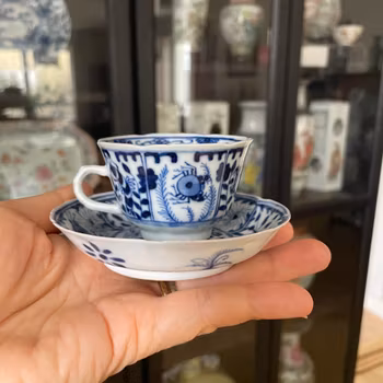 Chinese antique porcelain blue and white teacup and saucer, Guangxu period #2315