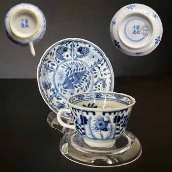Chinese antique porcelain blue and white teacup and saucer, Guangxu period #2315