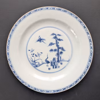 Chinese antique blue and white porcelain plate, Qianlong, 18th c #2327 松鹤延年