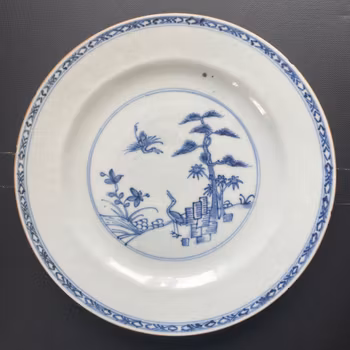 Chinese antique blue and white porcelain plate, Qianlong, 18th c #2328 松鹤延年