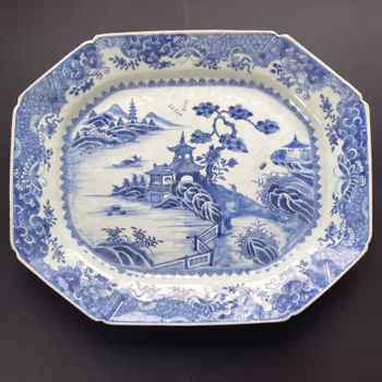 Chinese antique platter in underglazed blue and white with landscape scene, 18th c #2329