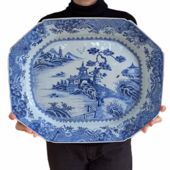 Chinese antique platter in underglazed blue and white with landscape scene, 18th c #2329