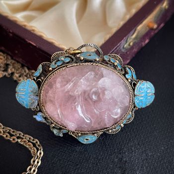 Chinese antique filigree enamel handmade gilded silver with Rose Quartz  pendant #2330