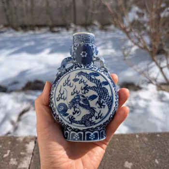 Chinese antique underglazed blue and white Moon flask with Dragon, 19th c #2331