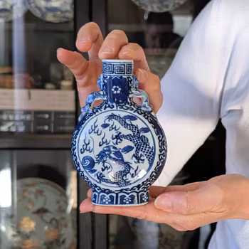 Chinese antique underglazed blue and white Moon flask with Dragon, 19th c #2331