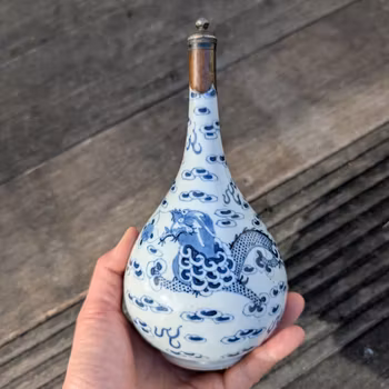 Chinese Antique double dragon bottle vase, Bleu de Hue 19th c #2339