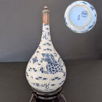 Chinese Antique double dragon bottle vase, Bleu de Hue 19th c #2339