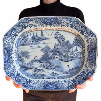 Chinese antique platter in underglazed blue and white with landscape scene, 18th c #2382