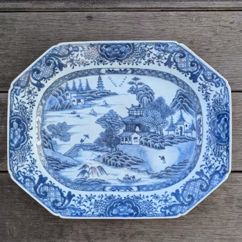 Chinese antique platter in underglazed blue and white with landscape scene, 18th c #2382