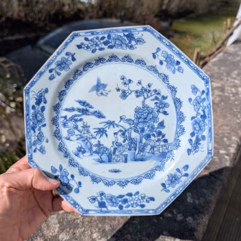 Chinese antique blue and white porcelain plate 鹤鹿同春, 岁寒三友, Qianlong, 18th c #2505