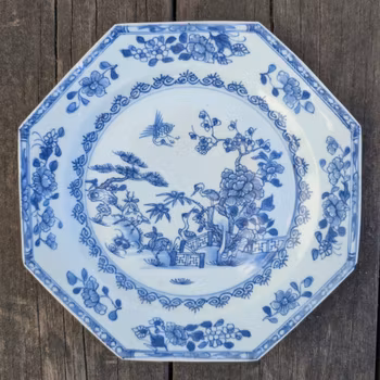 Chinese antique blue and white porcelain plate 鹤鹿同春, 岁寒三友, Qianlong, 18th c #2505