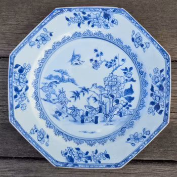 Chinese antique blue and white porcelain plate 鹤鹿同春,岁寒三友， Qianlong, 18th c #2506