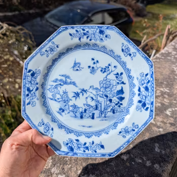Chinese antique blue and white porcelain plate 鹤鹿同春,岁寒三友， Qianlong, 18th c #2506