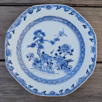 Chinese antique blue and white porcelain plate, 松鹤延年, Qianlong, 18th c #2503