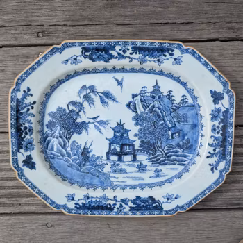 Chinese antique platter in underglazed blue and white with jumping carp, 18th c #2379