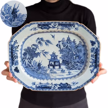 Chinese antique platter in underglazed blue and white with jumping carp, 18th c #2379