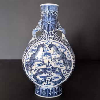Chinese antique underglazed blue and white Moon flask with Dragon, 19th c #2398