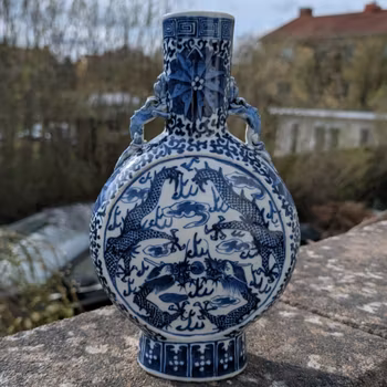 Chinese antique underglazed blue and white Moon flask with Dragon, 19th c #2398