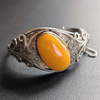 Large vintage Natural amber bracelet bangle handmade with 925 silver egg yolk butterscotch 33g #2522