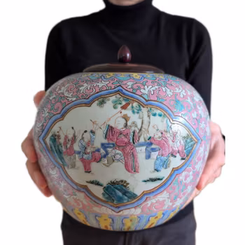 Chinese antique pink ground jar with figure decoration, 19th c #2517