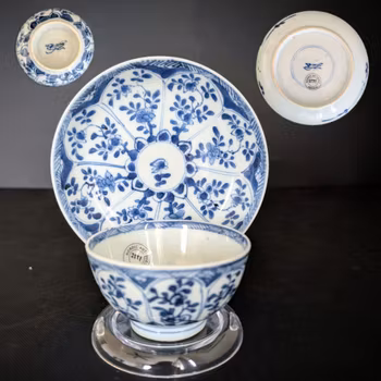 Chinese antique blue and white teacup and saucer, first half of 18th c #2551