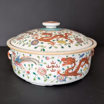 Chinese Antique porcelain with dragons and phoenixes food pot,  Late Qing #2568