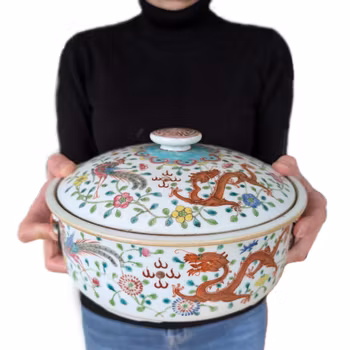 Chinese Antique porcelain with dragons and phoenixes food pot,  Late Qing #2568