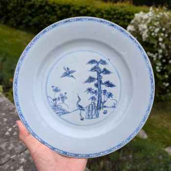 Chinese antique blue and white porcelain plate, Qianlong, 18th c #2572 松鹤延年